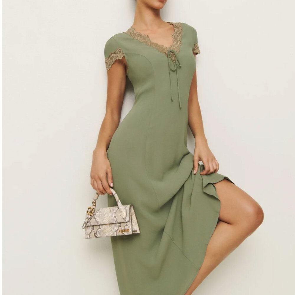 NWT Reformation Tiffie Midi Dress Sz2 Artichoke Green Gold Lace - Picture 10 of 11